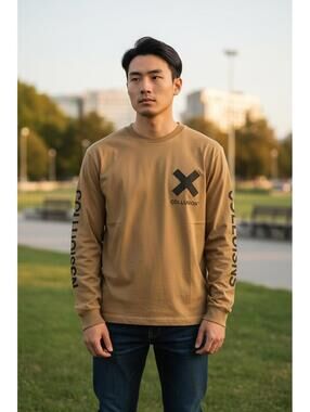 Unisex COLLUSION Long Sleeve Logo T-Shirt Brown Size L